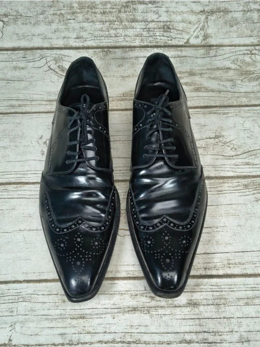 Dolce Gabbana Luxury Black High Shine Wingtip Leather Oxfords Men Size 8.5 - Picture 4 of 9